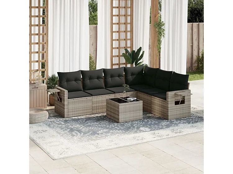 Salon de jardin avec coussins 7 pcs gris clair résine tressée