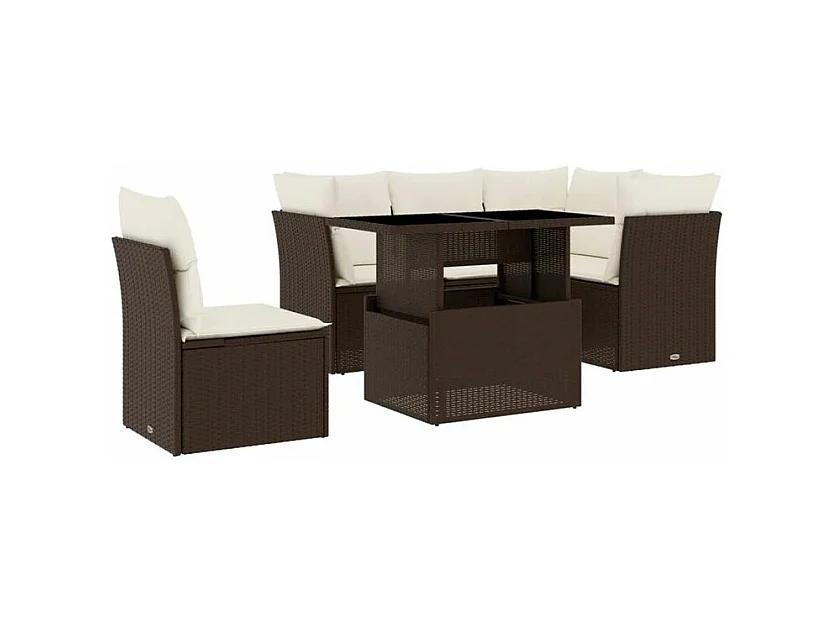 Salon de jardin avec coussins 6 pcs marron résine tressée