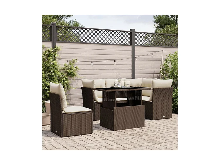 Salon de jardin avec coussins 6 pcs marron résine tressée