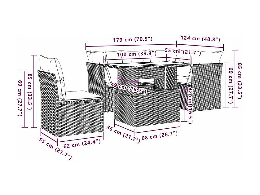 Salon de jardin avec coussins 6 pcs marron résine tressée