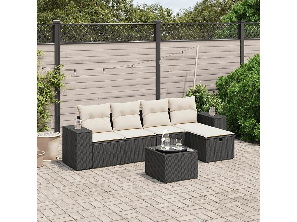 Salon de jardin 6 pcs avec coussins noir résine tressée