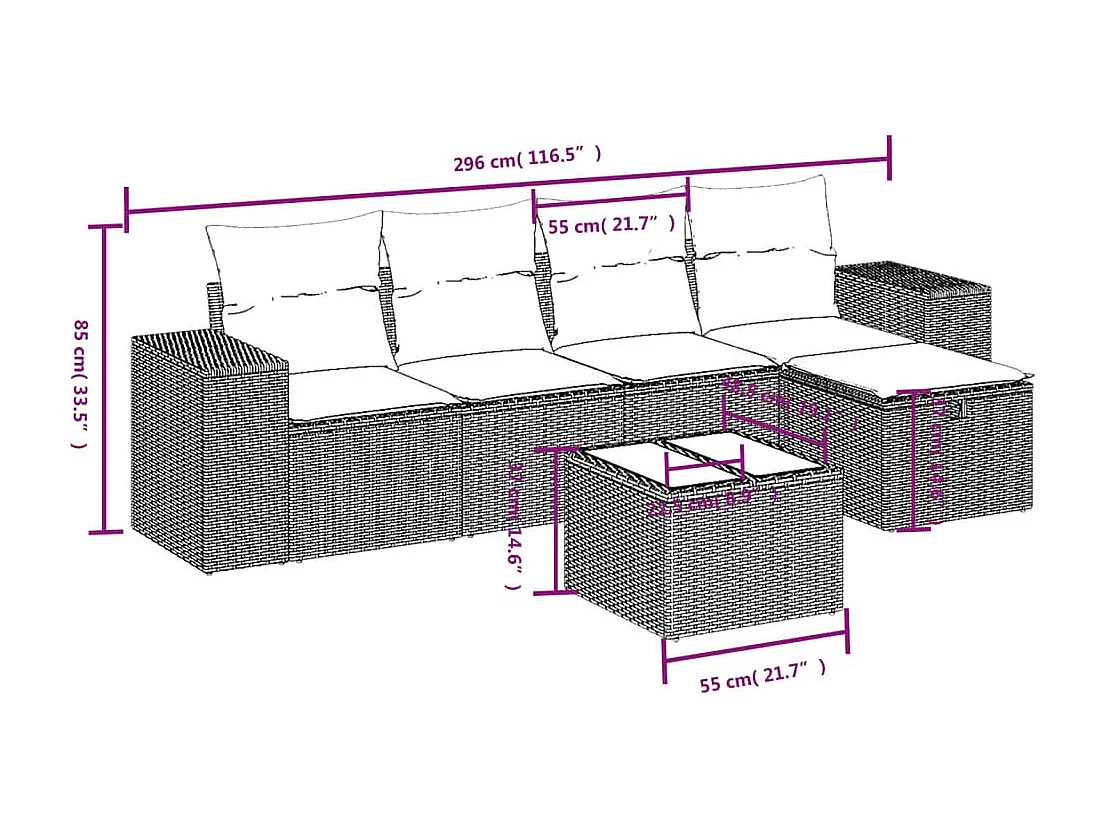 Salon de jardin 6 pcs avec coussins noir résine tressée