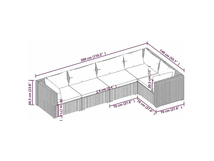Salon de jardin 5 pcs avec coussins Résine tressée Gris
