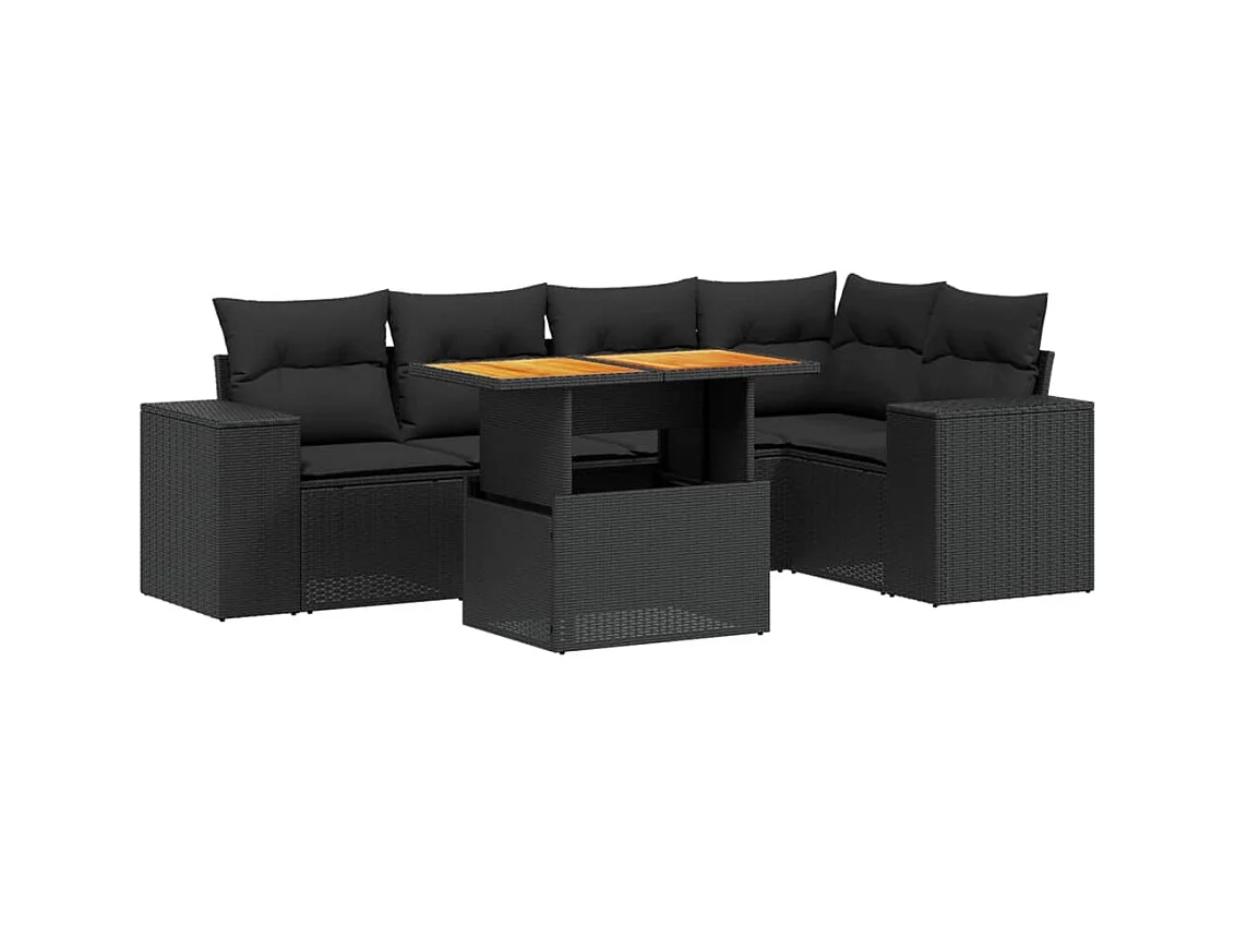 Salon de jardin 6 pcs avec coussins noir résine tressée