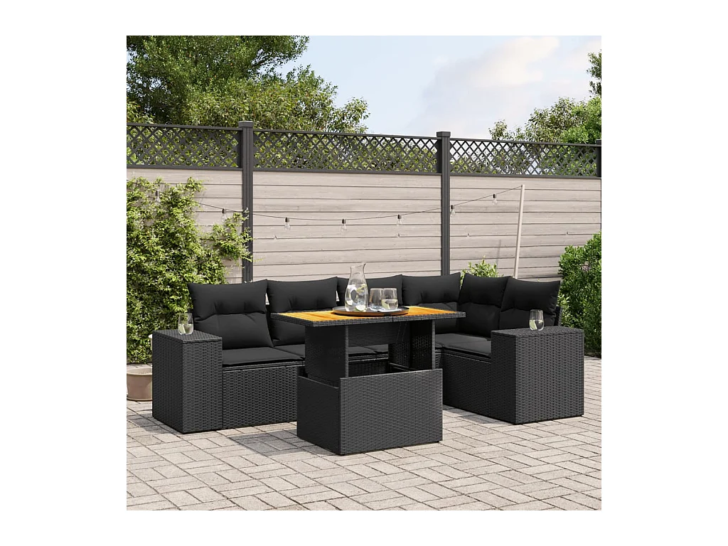 Salon de jardin 6 pcs avec coussins noir résine tressée