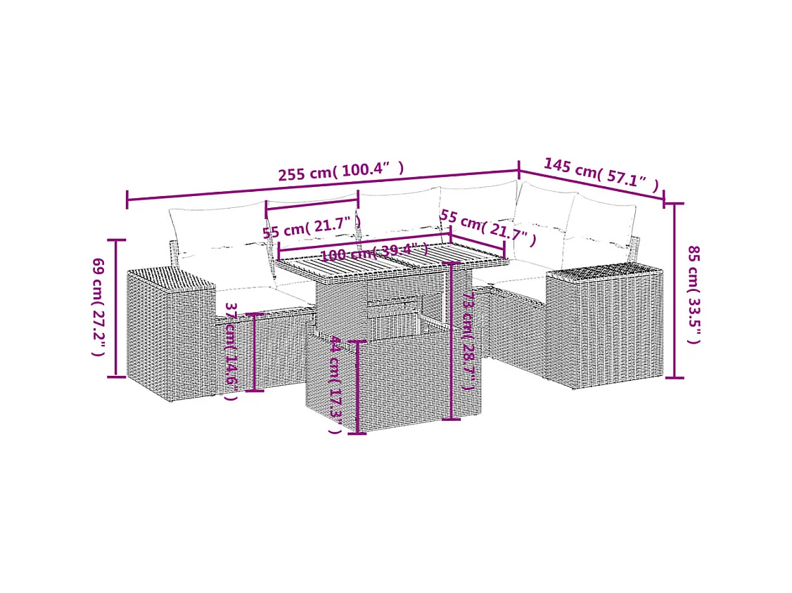 Salon de jardin 6 pcs avec coussins noir résine tressée