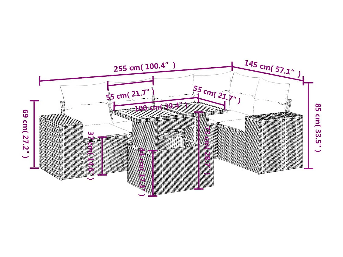 Salon de jardin 6 pcs avec coussins noir résine tressée