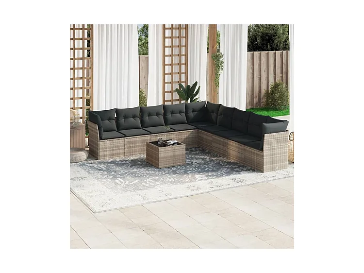 Salon de jardin avec coussins 10 pcs gris clair résine tressée