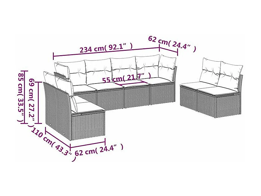 Salon de jardin 8 pcs avec coussins gris clair résine tressée