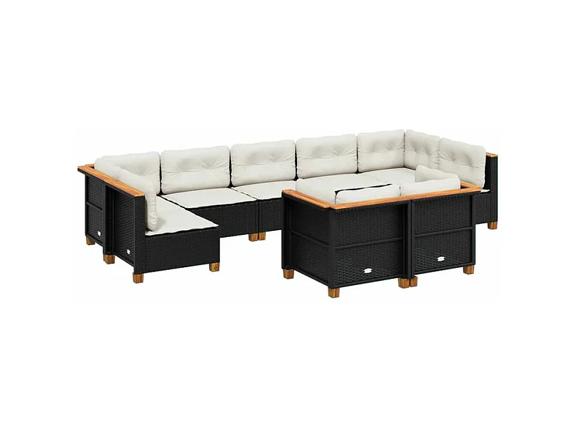 Salon de jardin 9 pcs avec coussins noir résine tressée