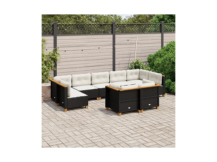 Salon de jardin 9 pcs avec coussins noir résine tressée