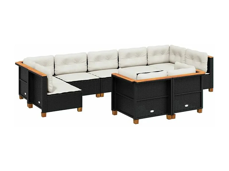 Salon de jardin 9 pcs avec coussins noir résine tressée
