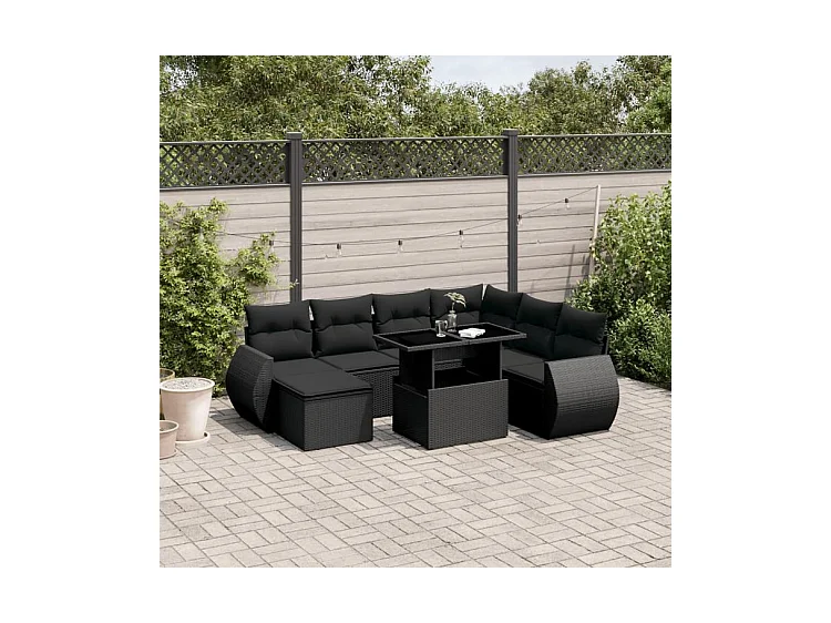 Salon de jardin 8 pcs avec coussins noir résine tressée