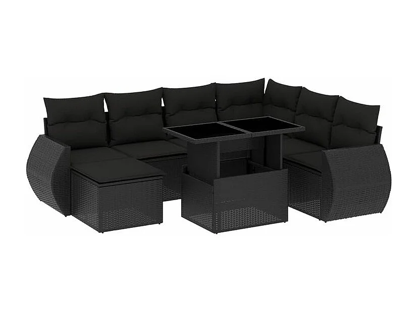 Salon de jardin 8 pcs avec coussins noir résine tressée