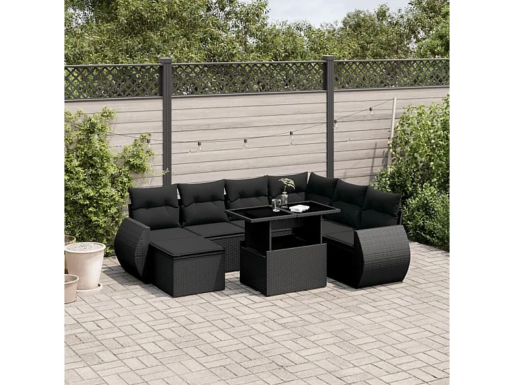Salon de jardin 8 pcs avec coussins noir résine tressée