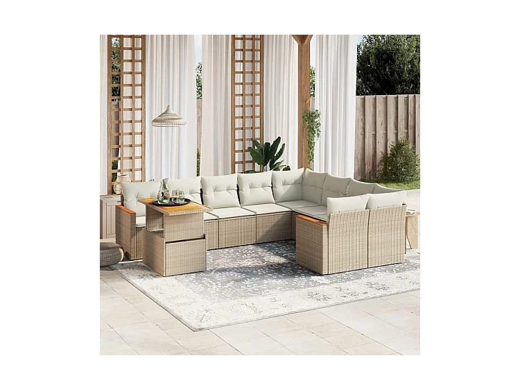Salon de jardin avec coussins 10 pcs beige résine tressée