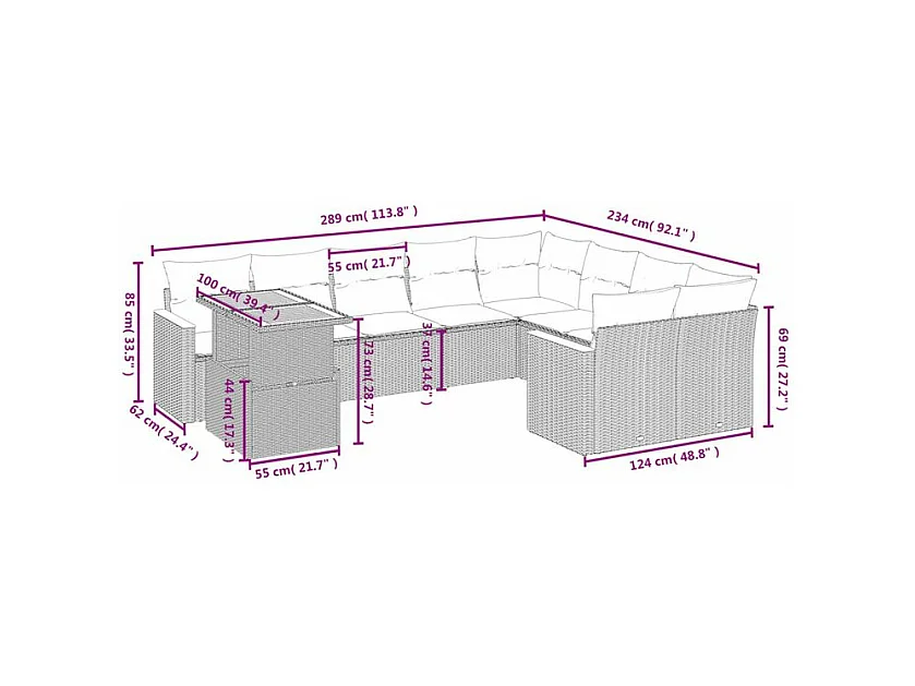 Salon de jardin avec coussins 10 pcs beige résine tressée