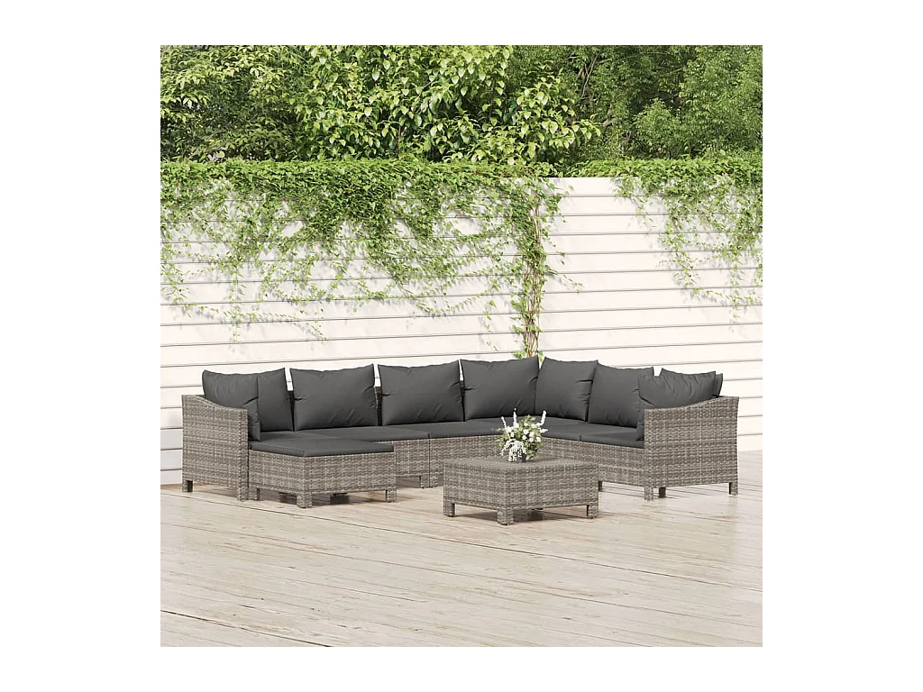 Salon de jardin 8 pcs avec coussins Gris Résine tressée