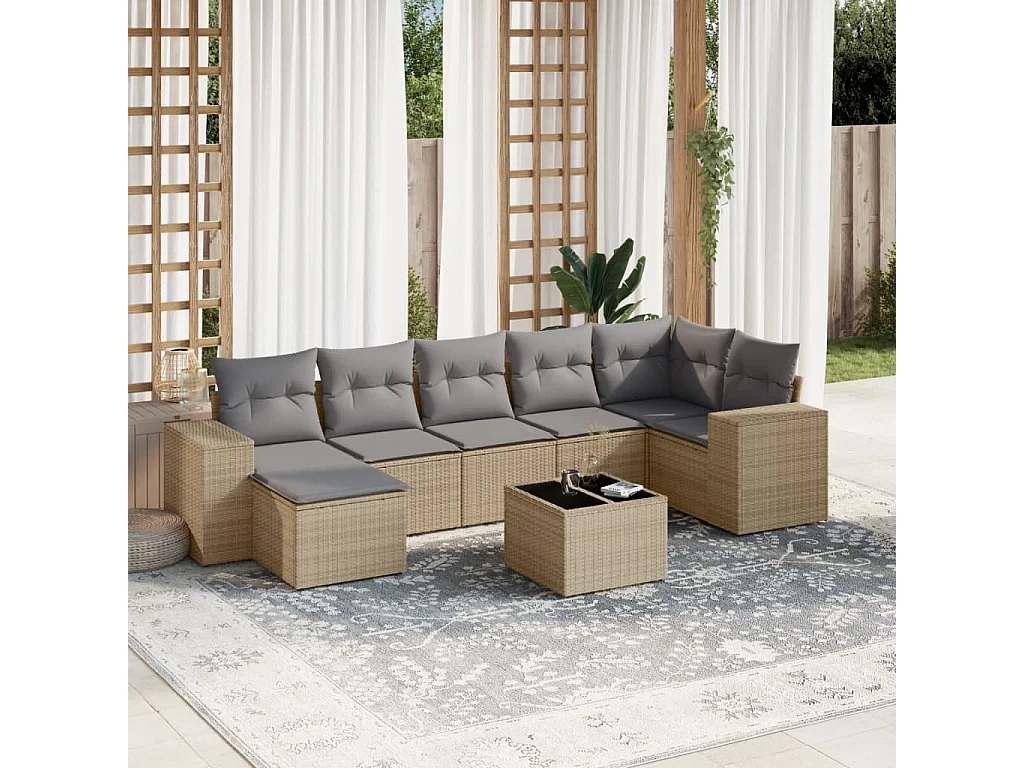 Salon de jardin avec coussins 8 pcs beige résine tressée