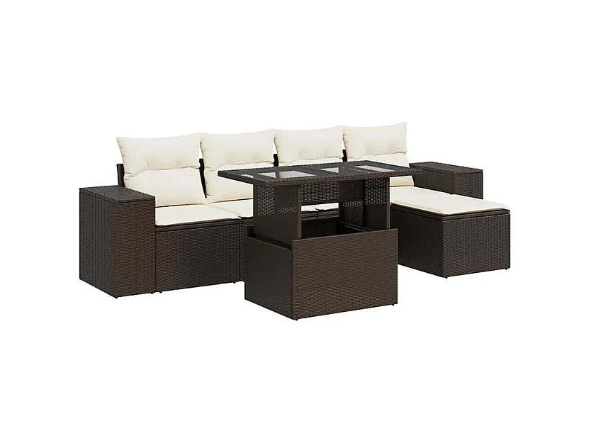 Salon de jardin avec coussins 6 pcs marron résine tressée