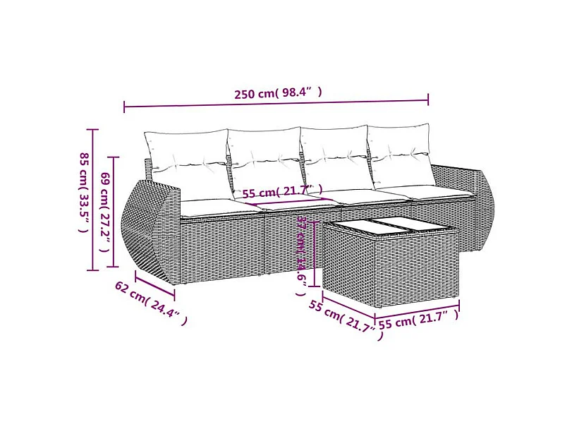 Salon de jardin avec coussins 5 pcs marron résine tressée