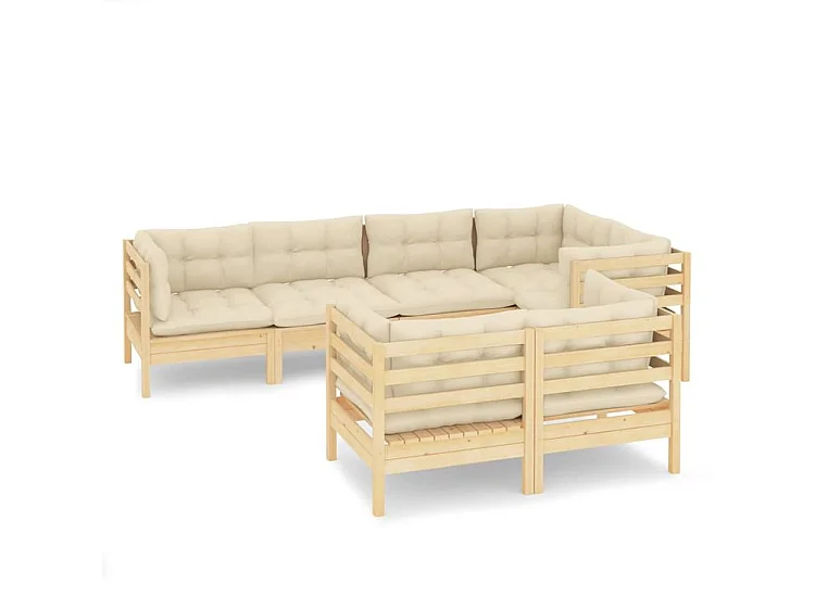 Salon de jardin 7 pcs avec coussins crème Bois de pin massif