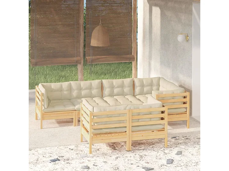 Salon de jardin 7 pcs avec coussins crème Bois de pin massif
