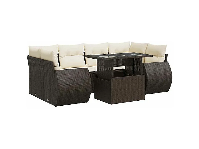 Salon de jardin avec coussins 7 pcs marron résine tressée