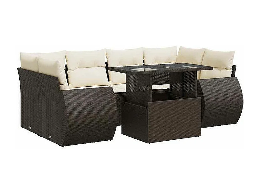 Salon de jardin avec coussins 7 pcs marron résine tressée