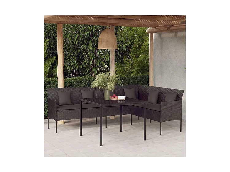 Canapé de jardin en forme de L et coussins noir résine tressée