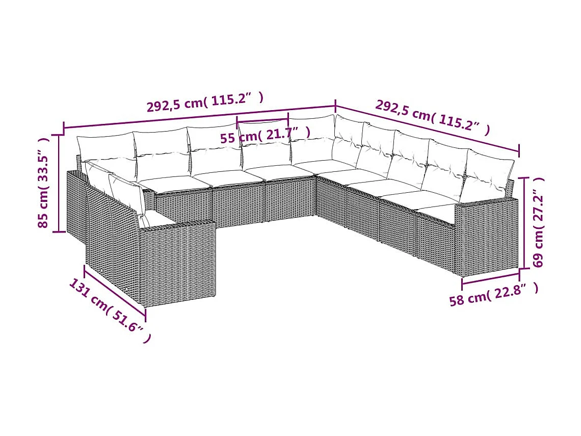 Salon de jardin 11 pcs avec coussins beige résine tressée