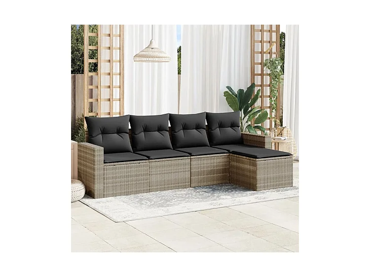 Salon de jardin 5 pcs avec coussins gris clair résine tressée