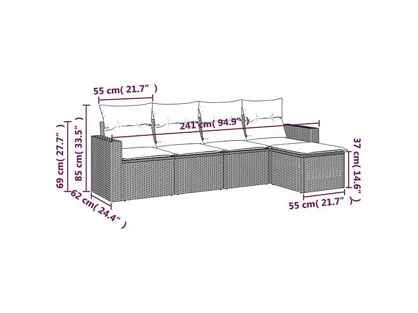 Salon de jardin 5 pcs avec coussins gris clair résine tressée