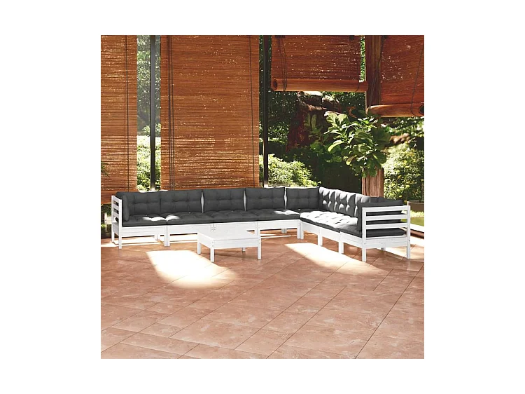 Salon de jardin 9 pcs avec coussins blanc bois de pin solide