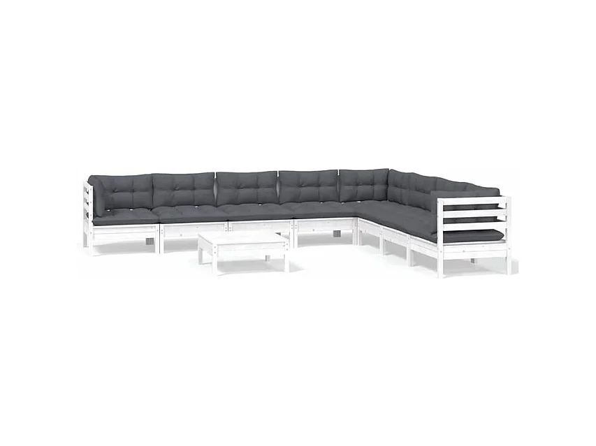 Salon de jardin 9 pcs avec coussins blanc bois de pin solide