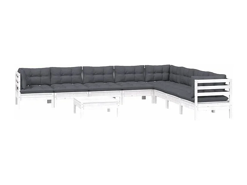 Salon de jardin 9 pcs avec coussins blanc bois de pin solide