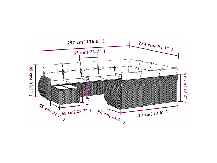 Salon de jardin et coussins 11 pcs marron résine tressée