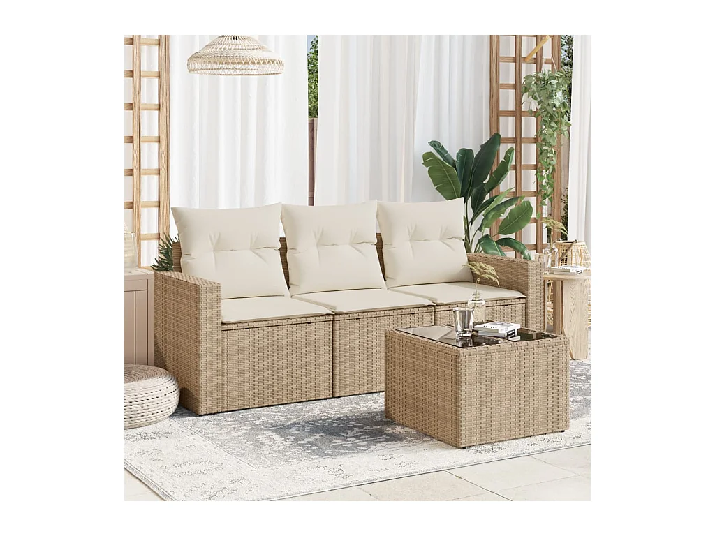 Salon de jardin avec coussins 4 pcs beige résine tressée