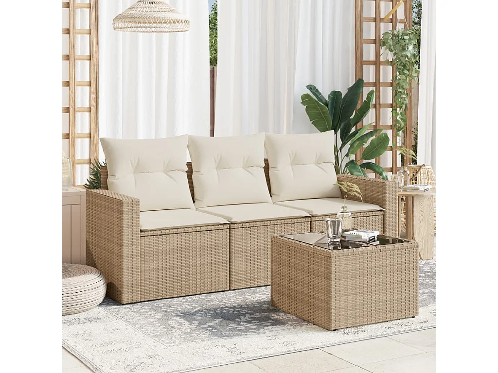 Salon de jardin avec coussins 4 pcs beige résine tressée