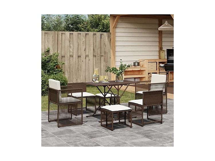 Ensemble à manger de jardin et coussins 7 pcs marron rotin
