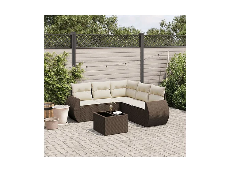 Salon de jardin avec coussins 6 pcs marron résine tressée