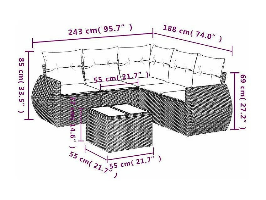 Salon de jardin avec coussins 6 pcs marron résine tressée