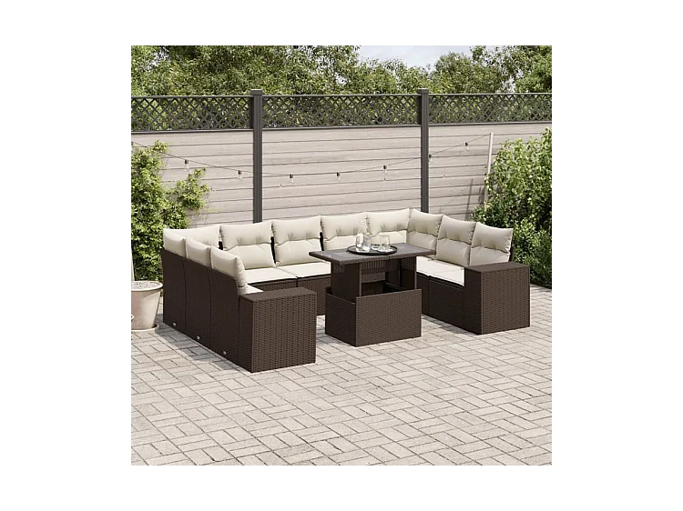 Salon de jardin 10 pcs avec coussins marron résine tressée