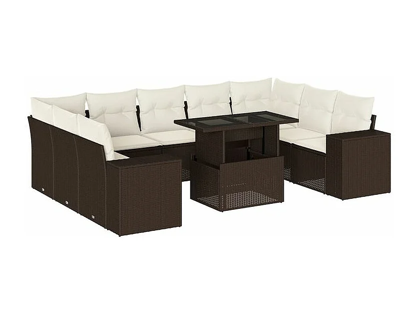 Salon de jardin 10 pcs avec coussins marron résine tressée