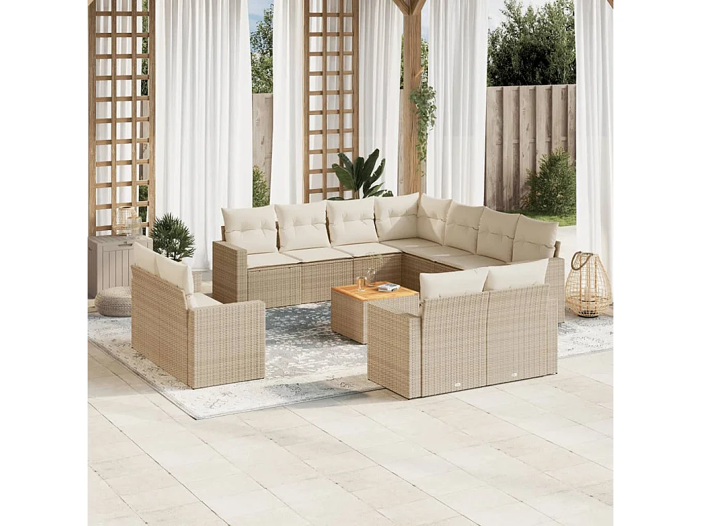 Salon de jardin avec coussins 12 pcs beige résine tressée