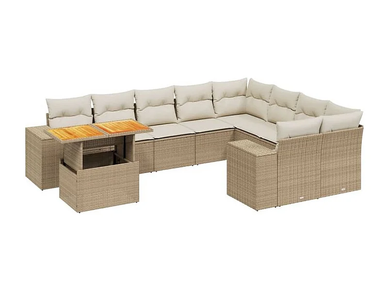 Salon de jardin avec coussins 10 pcs beige résine tressée