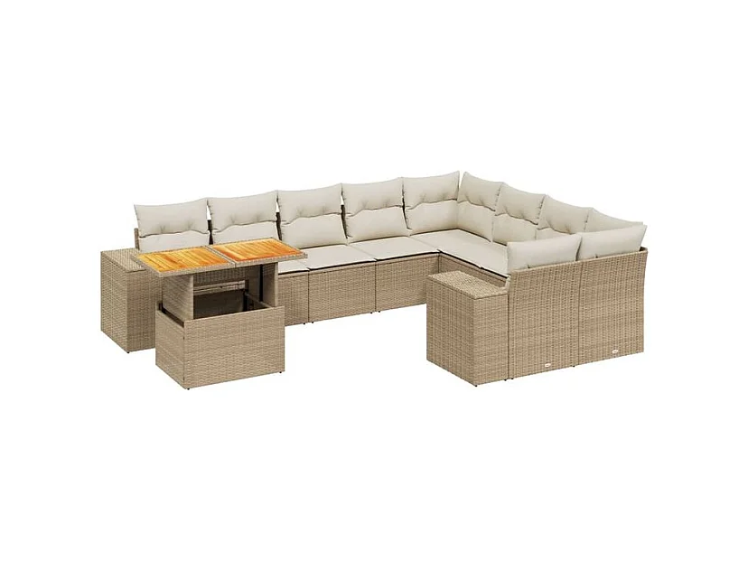 Salon de jardin avec coussins 10 pcs beige résine tressée