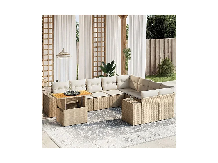 Salon de jardin avec coussins 10 pcs beige résine tressée