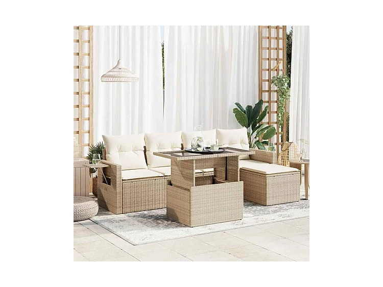 Salon de jardin avec coussins 6 pcs beige résine tressée