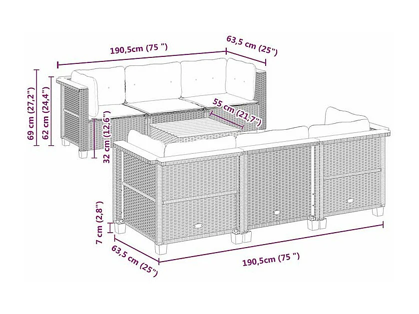 Salon de jardin 7 pcs avec coussins noir résine tressée